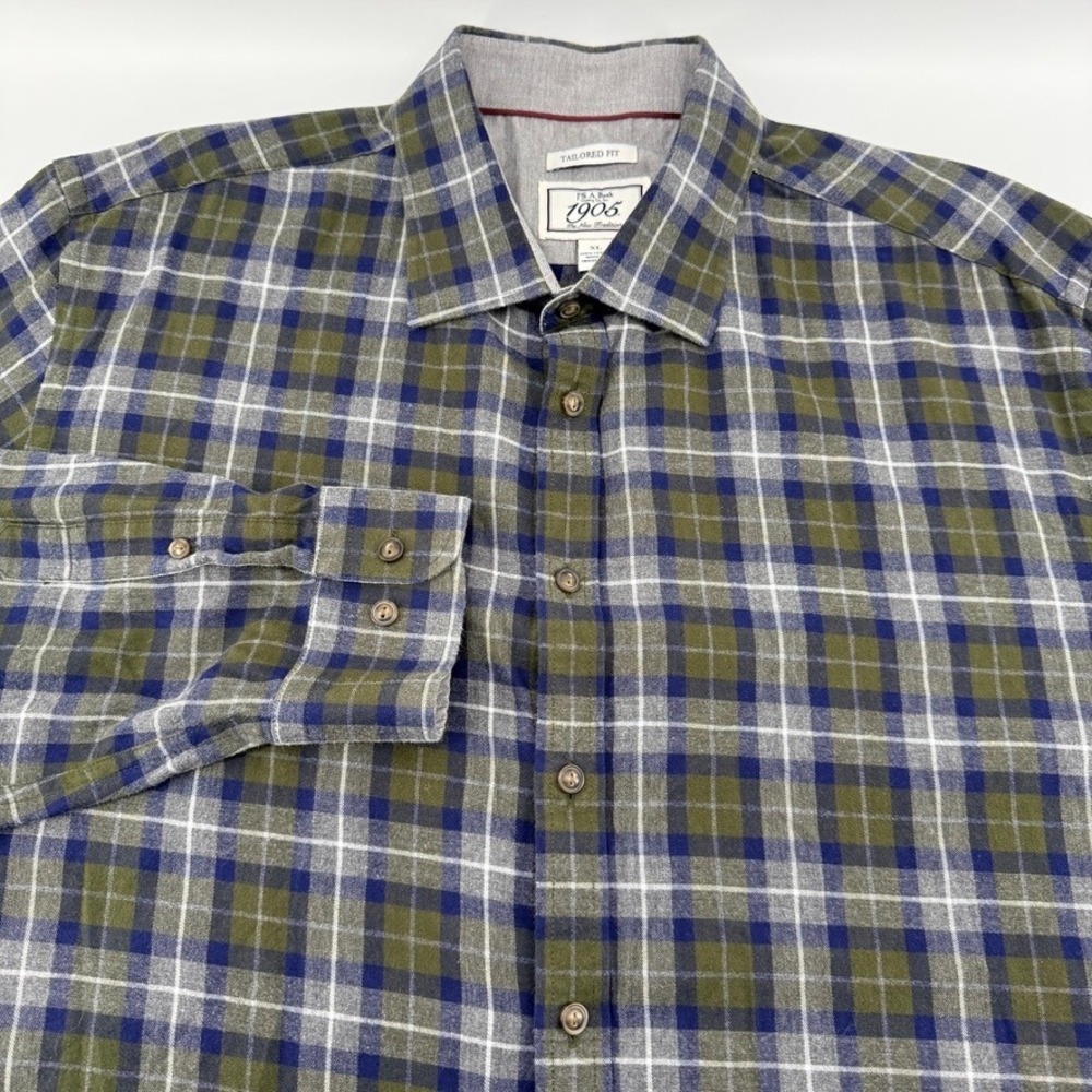 Jos. A. Bank 1905 Tailored Fit Plaid Flannel Shirt Mens XL Olive Navy Cotton